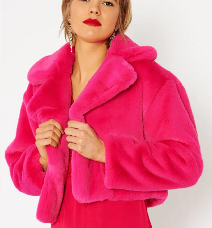 Fuchsia Faux Fur Jacket Denim Fabric Leather Fabric Suede Fabric