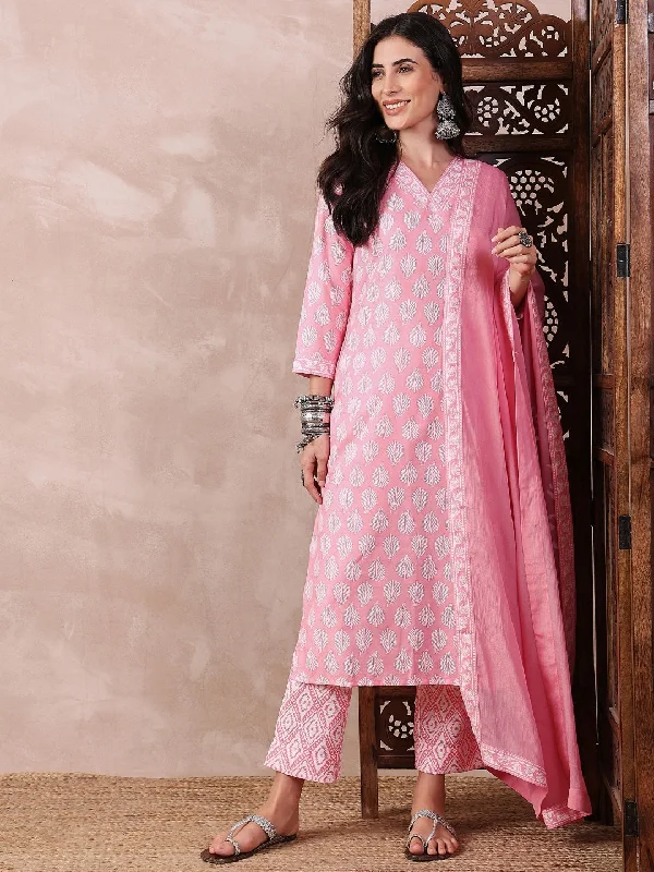 Women's Pink Rayon Blend Floral Printed Straight Kurta Trouser With Dupatta - Ahika Trousers Velvet Soft