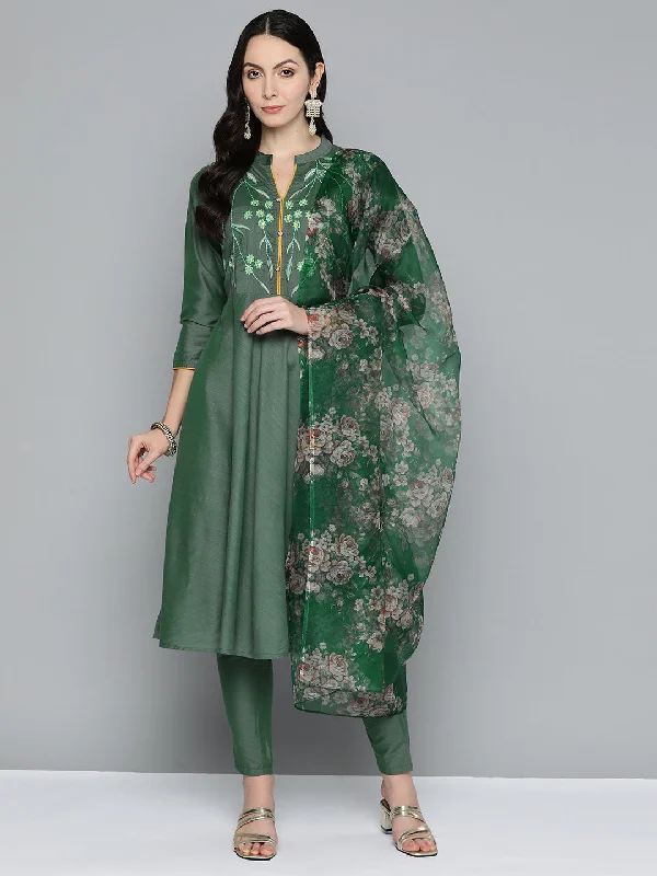 Floral Embroidered Kurta With Trousers & With Dupatta Green - Rasiya Trousers Top Rated