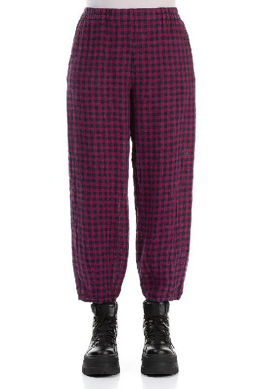 Magenta Check Linen Pencil Trousers Trousers Sale Discount