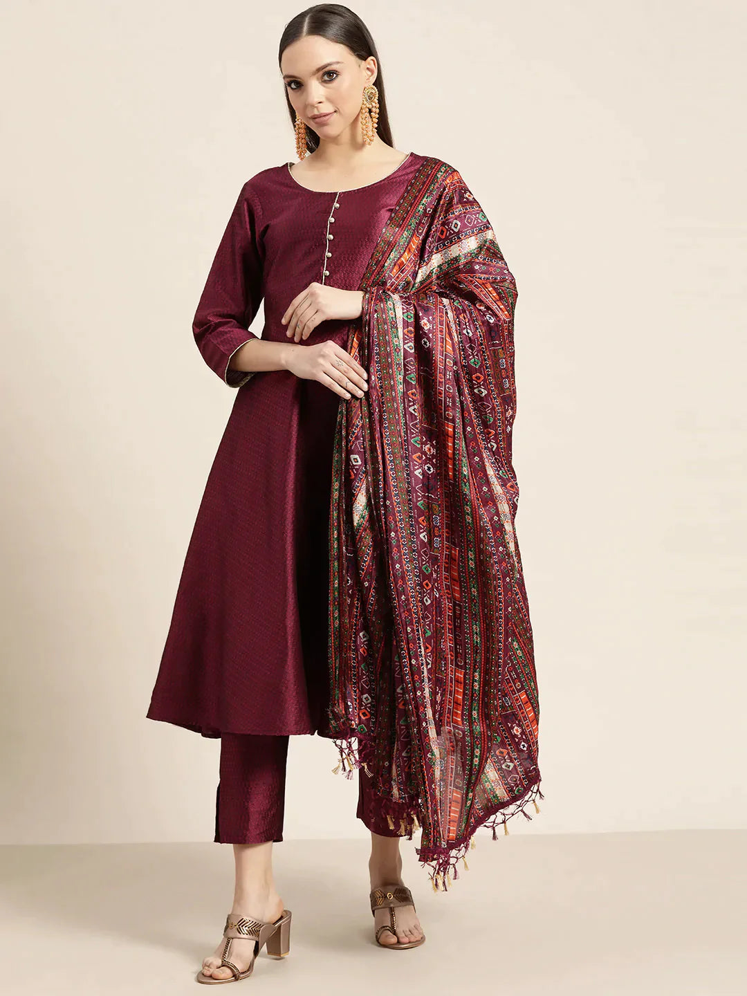 Women Dupion Silk Jacquard Kurta With Trousers & Dupatta Purple - Rasiya Trousers Print Floral