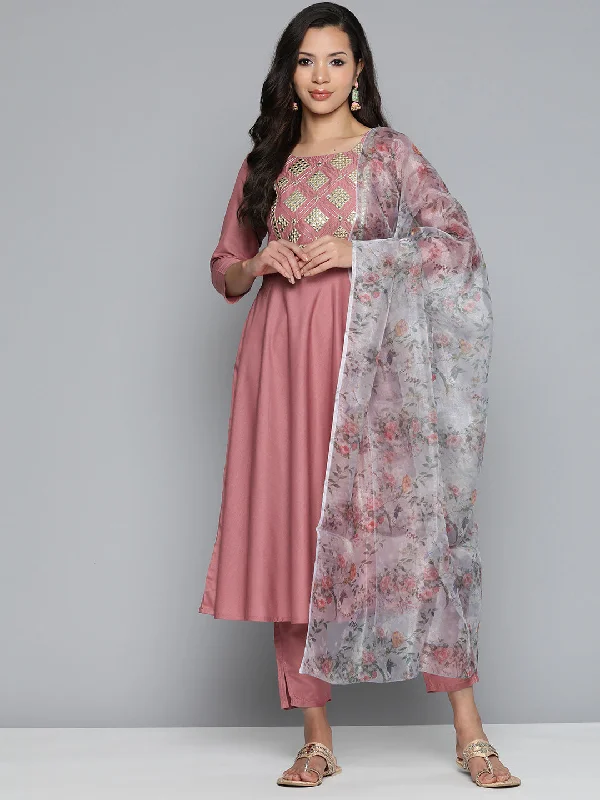 Pink Floral Embroidered Mirror Work Kurta With Trousers & With Dupatta - Rasiya Trousers Leather Faux