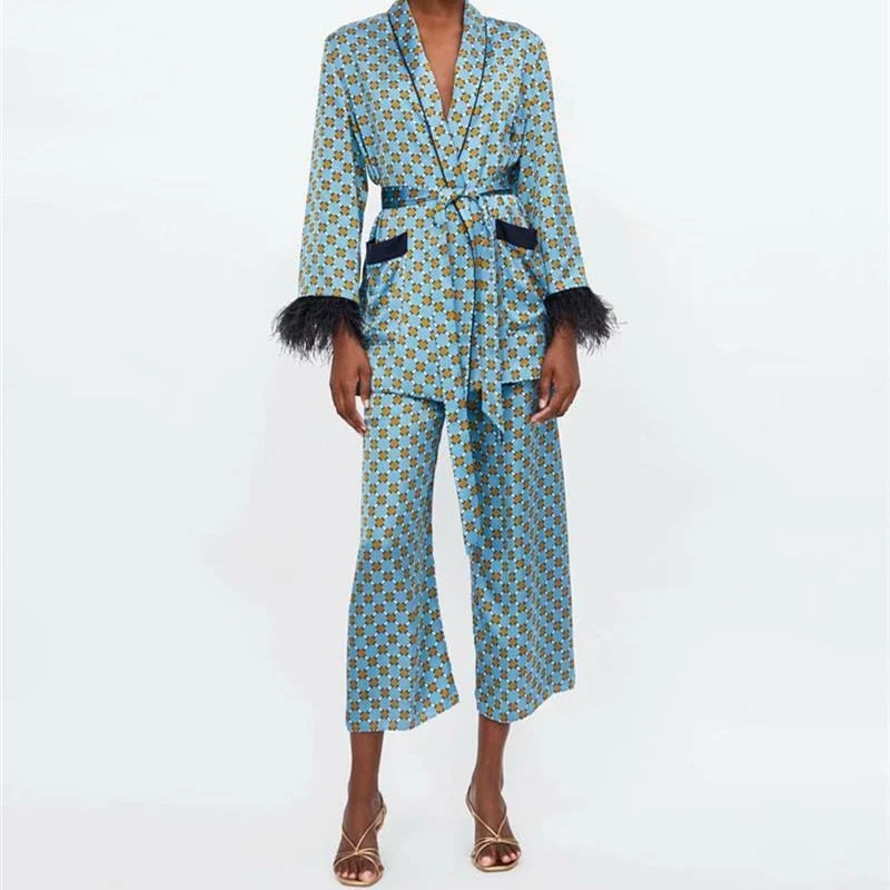 Women's Suits Sunc Spring LOOSE Blue Printed Kimono Jacket with Feather Sleeves Wide Leg Pants Two-piece Viintage Clothing Suits Print Jacket Jacquard Jacket Embroidered Jacket