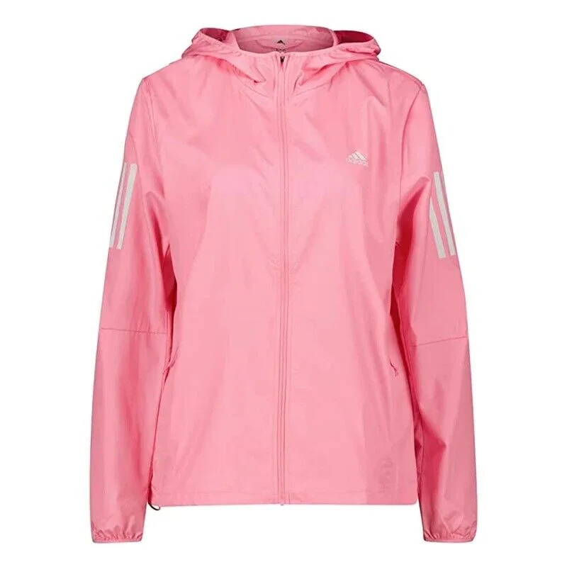 adidas Own The Run Womens Winbreaker Running Jacket Ladies Fitness Hood Pink Faux Fur Fabric Real Fur Fabric Shearling Fabric