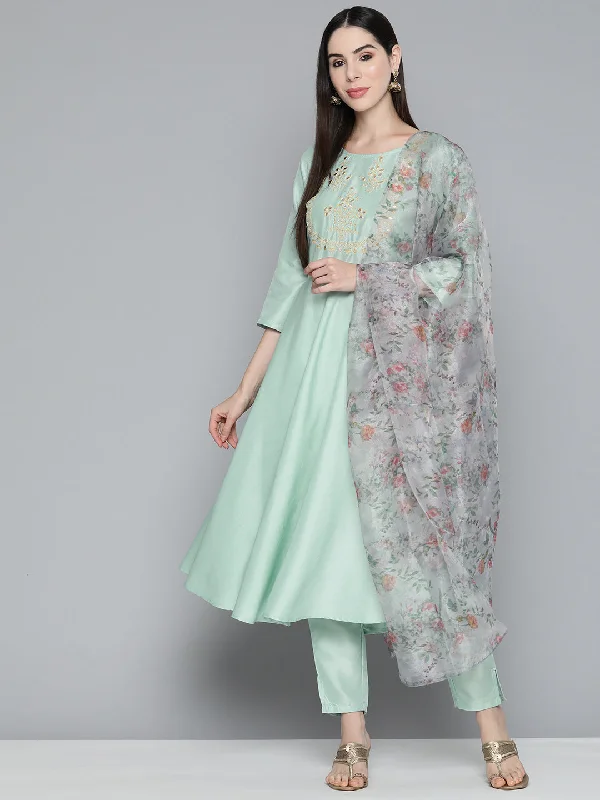 Green Floral Embroidered Mirror Work Kurta With Trousers & With Dupatta - Rasiya Trousers Floral Bohemian