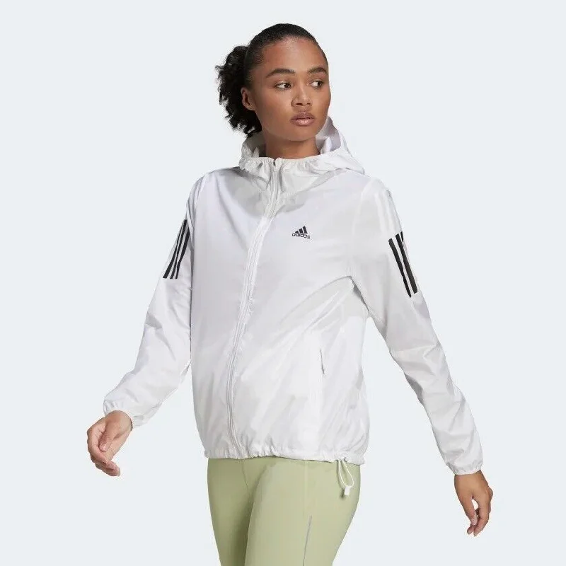 adidas Own The Run Womens Running Jacket Winbreaker Ladies Fitness Coat White Nylon Fabric Polyester Fabric Spandex Fabric