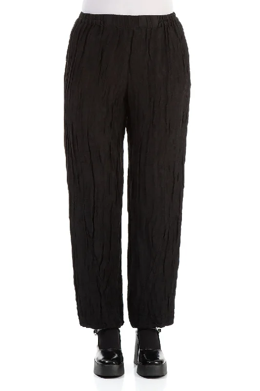 Elegant Crinkled Black Silk Trousers Trousers Summer Linen