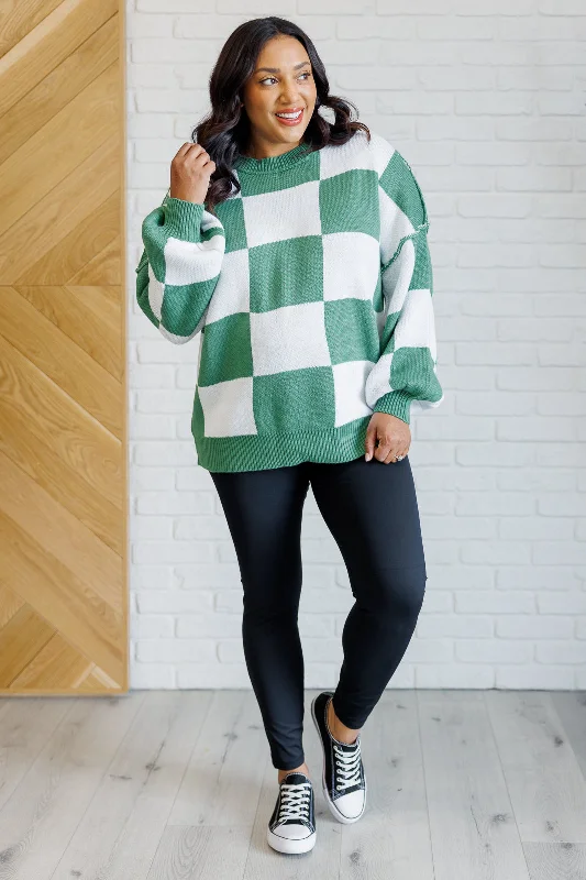 Hazel Blues® |  Check Yourself Checkered Sweater in Green Satin Fabric Silk Fabric Chiffon Fabric