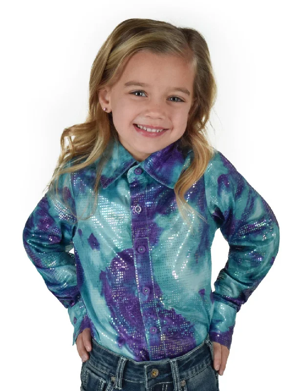 Girls Pullover Button Up (Turquoise And Purple Cotton Candy Print Lightweight Stretch Jersey) Peter Pan Collar