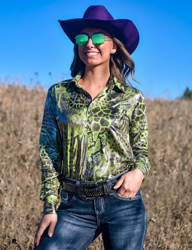 Pullover Button Up (Green Shiny Animal Print Lightweight Stretch Jersey)-cowgirl tuff One Shoulder Top