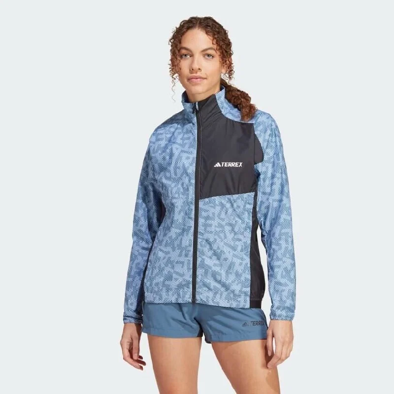 adidas Womens Terrex Trail Running Windbreaker Jacket Blue Welt Pockets Slit Pockets Flap Pockets