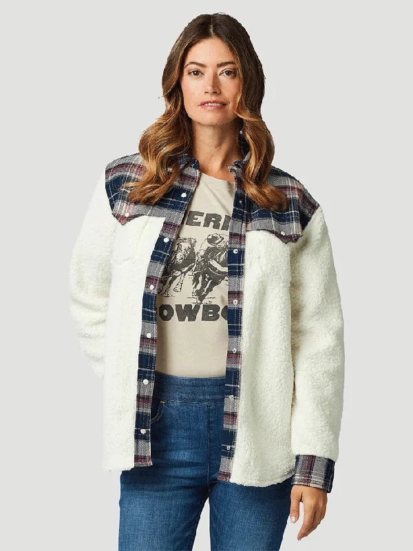 Wrangler 112321231 Womens Retro Western Boyfriend Sherpa Shirt Jacket Cozy White Ribbed Jacket Pleated Jacket Ruffled Jacket Wrangler 112321231 Womens Retro Western Boyfriend Sherpa Shirt Jacket Cozy White Ribbed Jacket Pleated Jacket Ruffled Jacket