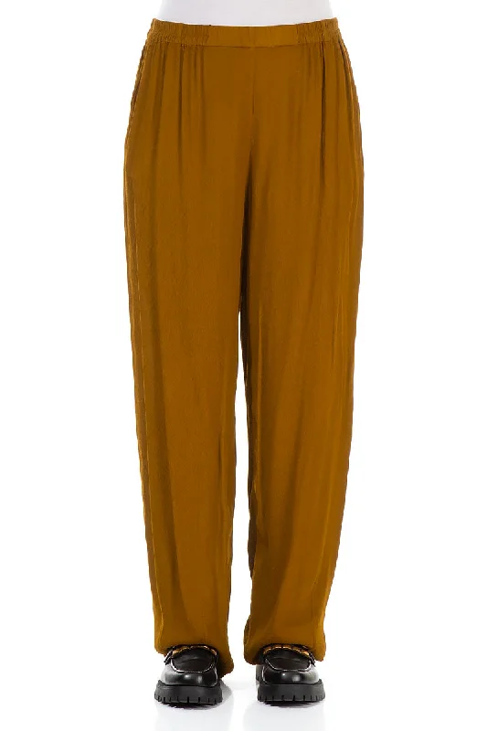 Long Tapered Yellow Ochre Viscose Trousers Trousers Satin Smooth