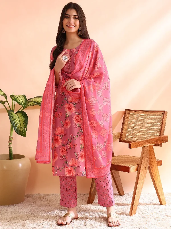 Women's Pink Poly Rayon Floral Printed Straight Kurta Trousers With Dupatta - Ahika Trousers cozy soft