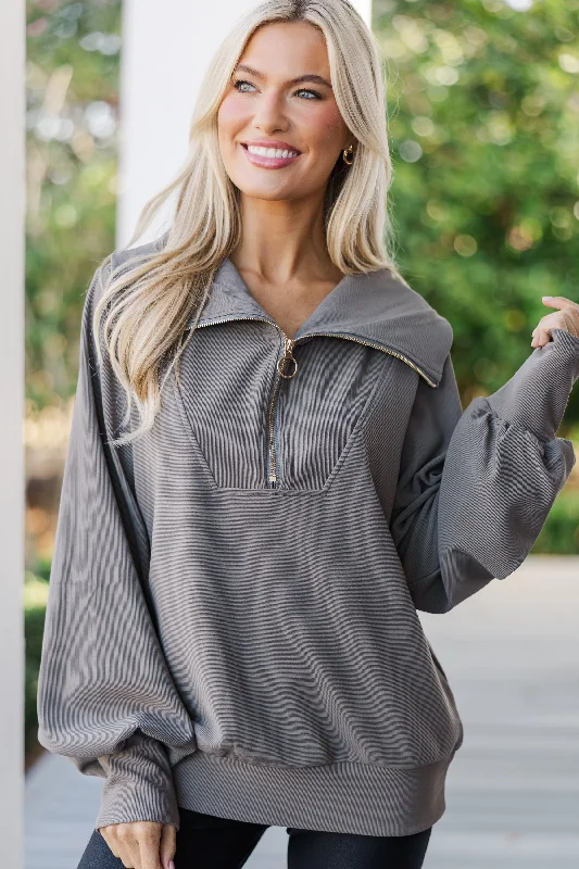 Today's The Day Gray Quarter Zip Pullover Ruffled Neck Pullover