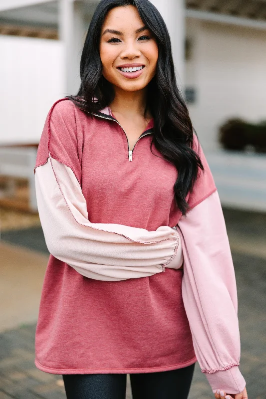 Really Feeling It Marsala Pink Colorblock Pullover Slit Sleeve Stylish