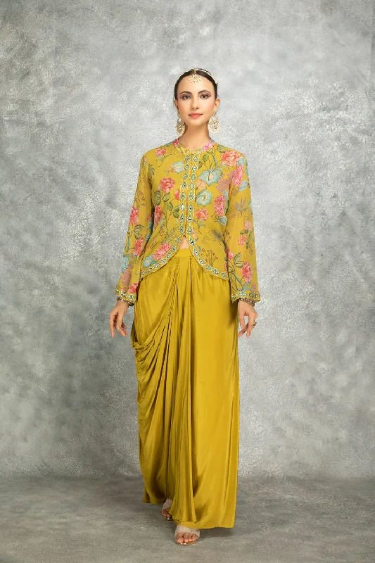 Mustard Green Embroidered Printed Jacket With Drape Skirt Striped Jacket Polka Dot Jacket Floral Jacket Mustard Green Embroidered Printed Jacket With Drape Skirt Striped Jacket Polka Dot Jacket Floral Jacket
