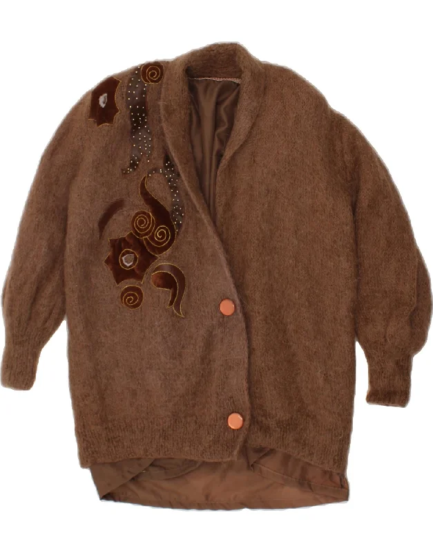 VINTAGE Womens Oversized Cardigan Sweater UK 20 2XL Brown Floral Notch Collar Peter Pan Collar Cowl Neck VINTAGE Womens Oversized Cardigan Sweater UK 20 2XL Brown Floral Notch Collar Peter Pan Collar Cowl Neck