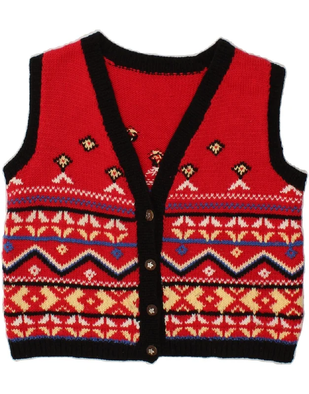 VINTAGE Womens Sleeveless Cardigan Sweater UK 14 Large Red Fair Isle Chenille Blend Fleece Blend Nylon Blend VINTAGE Womens Sleeveless Cardigan Sweater UK 14 Large Red Fair Isle Chenille Blend Fleece Blend Nylon Blend