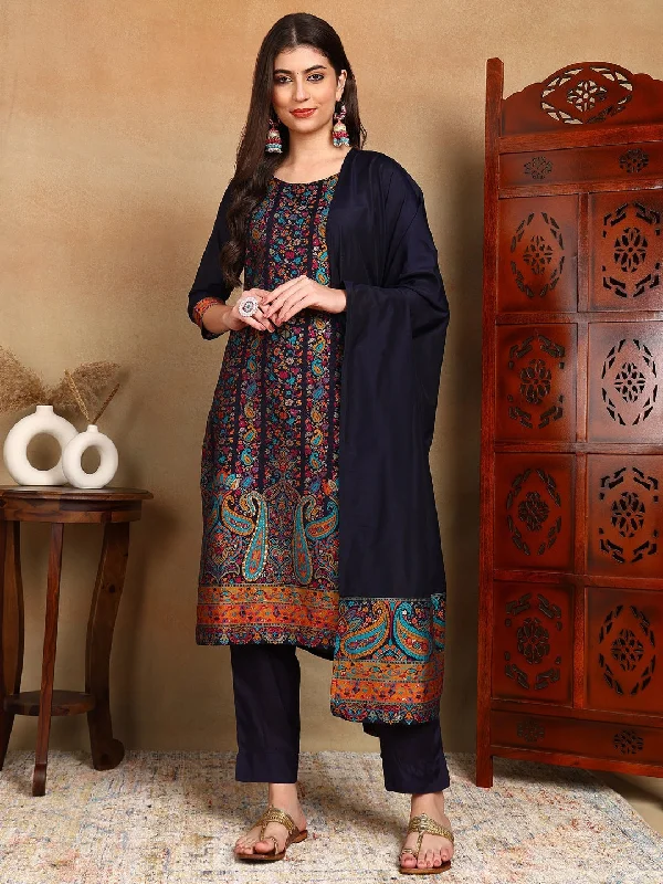 Women's Navy Blue Silk Blend Woven Design Kurta Trouser With Dupatta - Ahika Trousers Lace Delicate