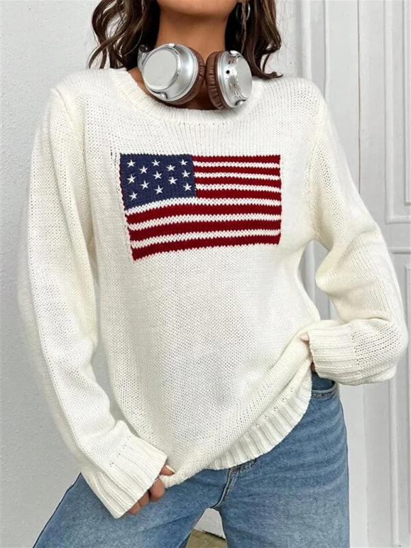 Loose Knitted Sweater - Round Neck, Flag Pattern, Simple & Versatile Real Fur Shearling Chenille