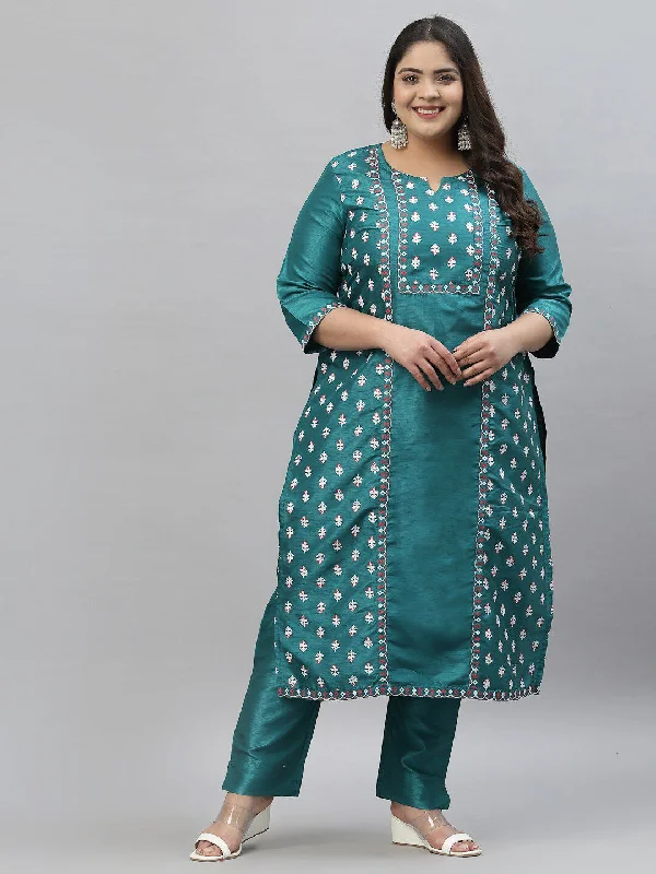 Sztori Plus Size Floral Printed Art Silk Kurta With Trousers Trousers Top Rated