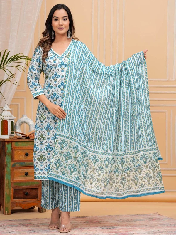 Women's Floral Printed Regular Pure Cotton Straight Kurta with Trousers & With Dupatta - Taantav Trousers Winter Warm