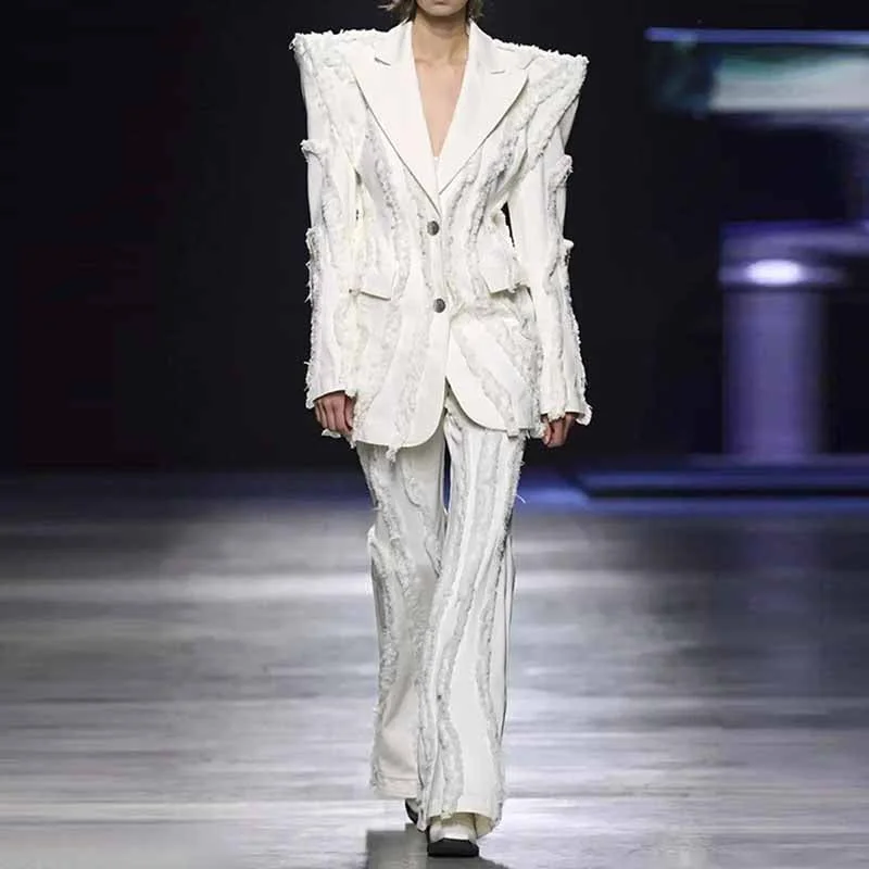 Women White Denim Pantsuits Thickened Shoulder Pad with Tassels Jacket, Jeans Suit Mesh Jacket Canvas Jacket Denim Jacket Women White Denim Pantsuits Thickened Shoulder Pad with Tassels Jacket, Jeans Suit Mesh Jacket Canvas Jacket Denim Jacket