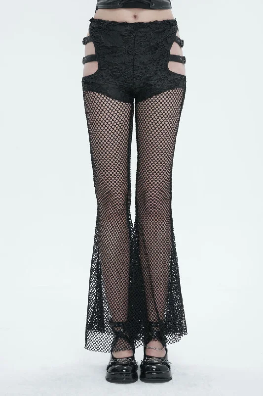 Black Stretch Knit Panel Mesh Cutout Flare Women's Gothic Trousers Trousers Seasonal Trendy Black Stretch Knit Panel Mesh Cutout Flare Women's Gothic Trousers Trousers Seasonal Trendy
