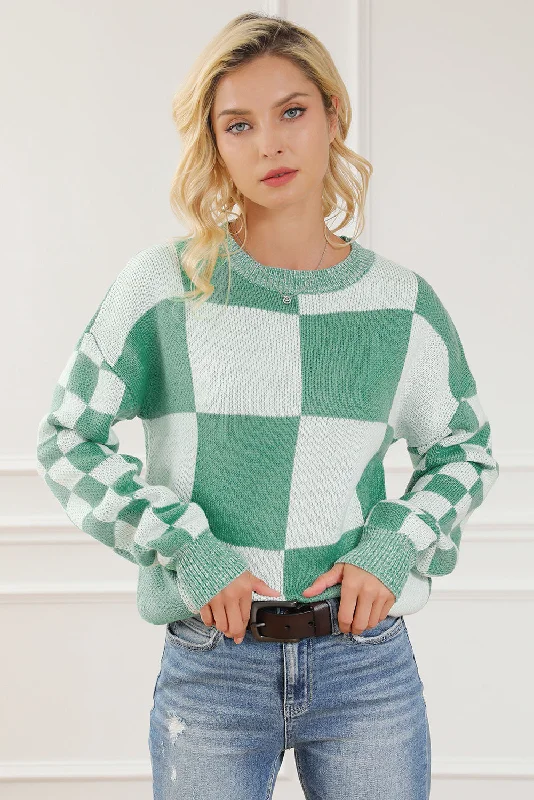 Hazel Blues® |  Checkered Drop Shoulder Long Sleeve Sweater Boxy Sweater Fitted Sweater A-Line