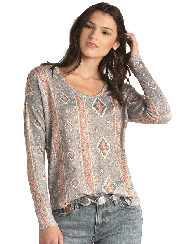 Panhandle WLWT52R0T3 Womens Long Sleeve Aztec Print Sweater Top Grey Mesh Blend Leather Blend Suede Blend