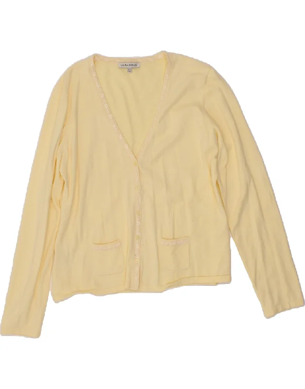 LAURA ASHLEY Womens Cardigan Sweater UK 16 Large Yellow Floral Cotton Terry Blend Velvet Blend Canvas Blend