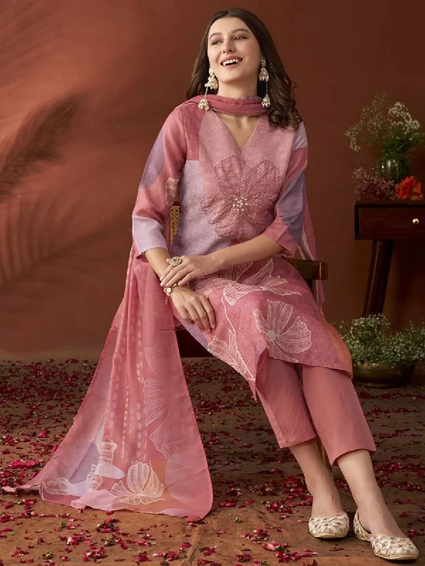Anouk Mauve Ethnic Motifs Embroidered Beads & Stones Linen Kurta with Trousers & Dupatta Trousers Party Sparkling Anouk Mauve Ethnic Motifs Embroidered Beads & Stones Linen Kurta with Trousers & Dupatta Trousers Party Sparkling
