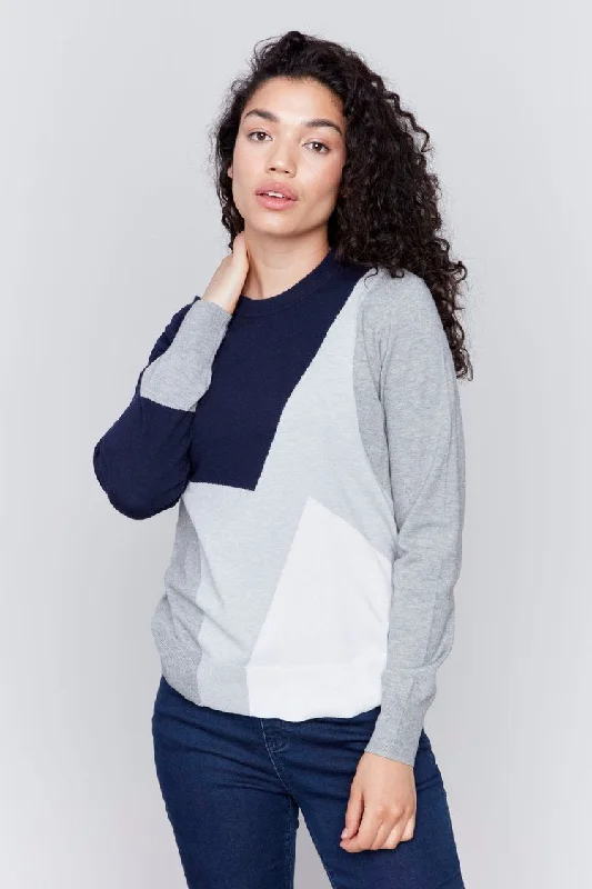 Color-Block Basic Crew-Neck Plushy Sweater Mesh Fabric Canvas Fabric Denim Fabric