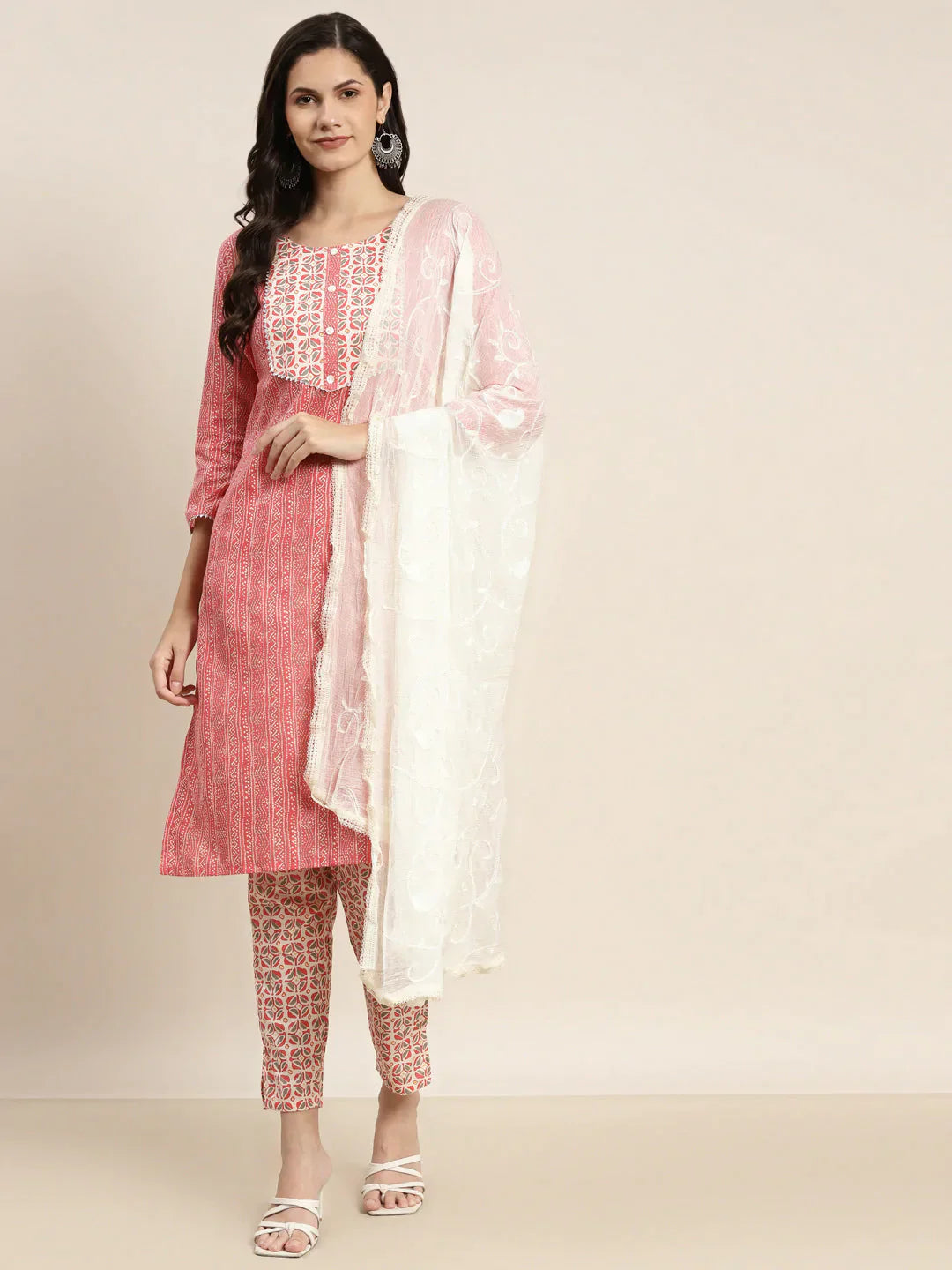 Printed Gotta Patti Kurta With Trousers & Dupatta Red - Rasiya Trousers Capri Summer