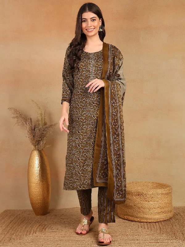 Women's Brown Cotton Blend Ethnic Motifs Printed Straight Kurta Trouser With Dupatta - Ahika Trousers fashionable trendy