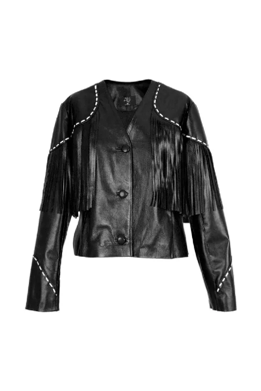 DALIDA BLACK FRINGED LEATHER JACKET Zippered Jacket Buttoned Jacket Snapped Jacket