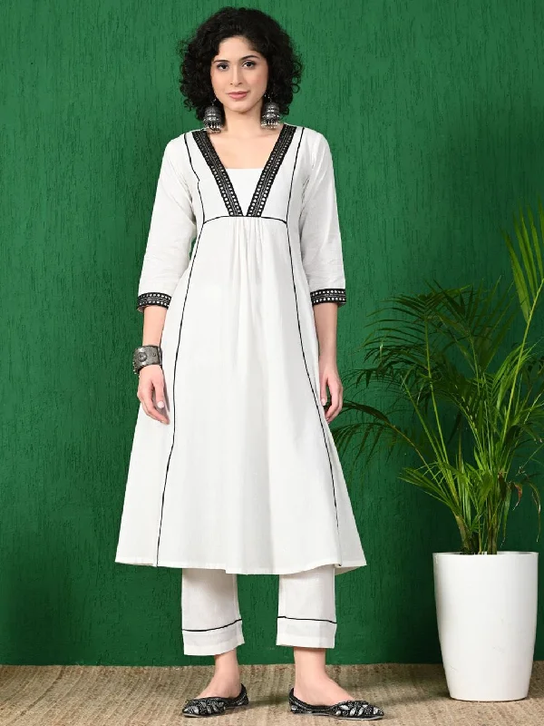 Sangria Square Neck Mirror Work Pure Cotton A-Line Kurta With Trouser Trousers Denim Blue Sangria Square Neck Mirror Work Pure Cotton A-Line Kurta With Trouser Trousers Denim Blue