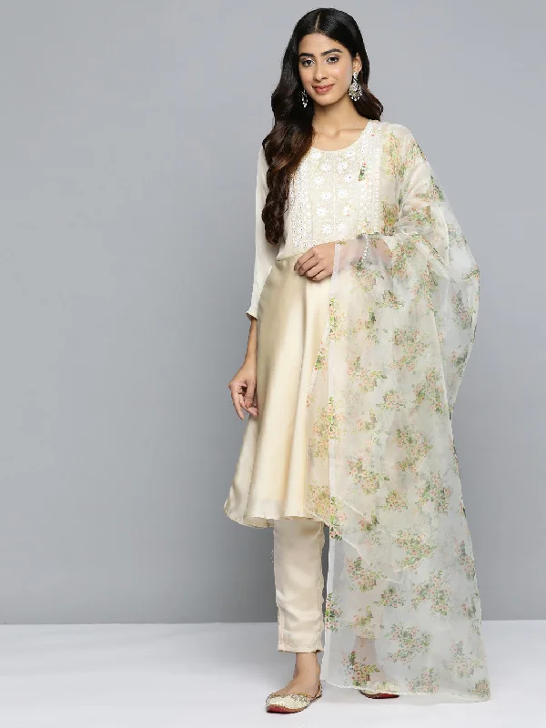 Floral Embroidered Mirror Work Silk Georgette Kurta With Trousers & Dupatta Beige - Rasiya Chinos Cotton Straight Leg