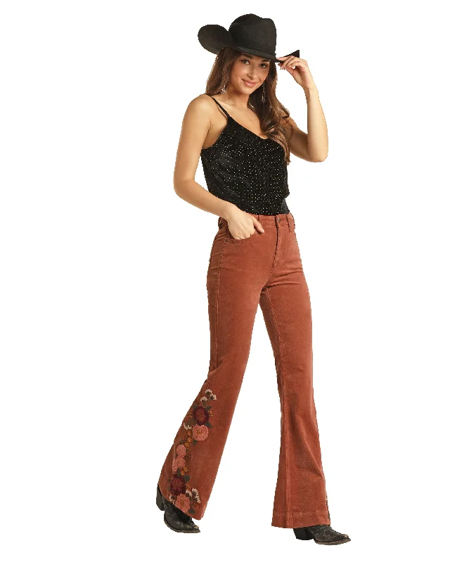 Rock & Roll Cowgirl Women's High Rise Extra Stretch  Corduroy Embroidered Trouser Rust Trousers Office Stylish