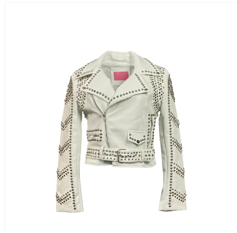 Pleather White Moto Studded Jacket Embroidered Jacket Appliqued Jacket Beaded Jacket