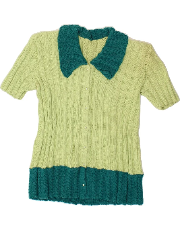 VINTAGE Womens Cardigan Sweater UK 14 Medium Green Colourblock Cashmere Blend Cotton Blend Poly Blend VINTAGE Womens Cardigan Sweater UK 14 Medium Green Colourblock Cashmere Blend Cotton Blend Poly Blend