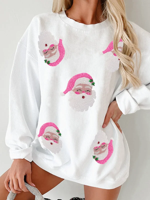 New Women's Santa Claus Sequin Embroidery Loose Casual Long Sleeve Sweater Thin Thick Dense