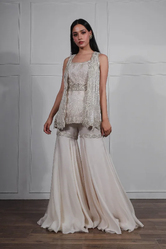 Ivory Anzhelina Sharara Set With Sleeveless Jacket And a Belt Denim Fabric Leather Fabric Suede Fabric Ivory Anzhelina Sharara Set With Sleeveless Jacket And a Belt Denim Fabric Leather Fabric Suede Fabric