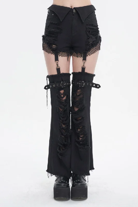 Black Segmented Splicing Old Fashioned Holes Flared Women's Punk Trouser Trousers Evening Elegant Black Segmented Splicing Old Fashioned Holes Flared Women's Punk Trouser Trousers Evening Elegant