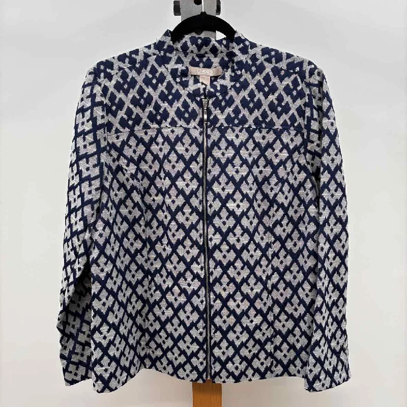 Chico's Women's Size L Blue Diamond Jacket Print Jacket Jacquard Jacket Embroidered Jacket