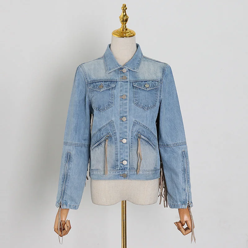 Women's Punk Fashion Fringed Denim Jacket Mesh Jacket Canvas Jacket Denim Jacket