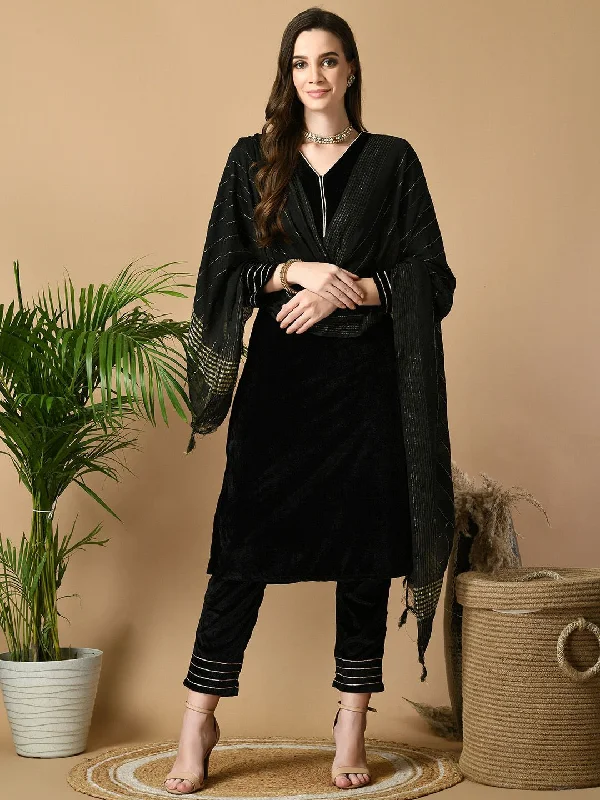 Sangria Black V-Neck Regular Velvet Kurta with Trousers & Dupatta Trousers Trousers Formal Sangria Black V-Neck Regular Velvet Kurta with Trousers & Dupatta Trousers Trousers Formal
