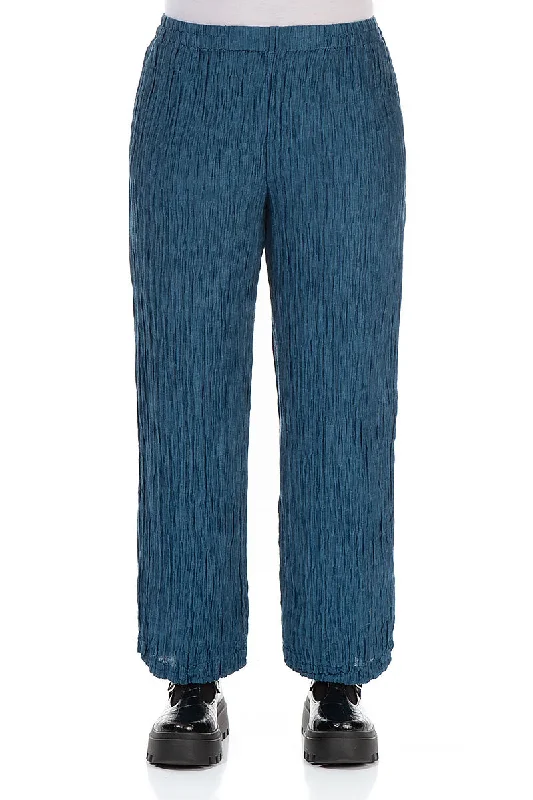 Straight Crinkled Petrol Blue Silk Trousers Trousers Plaid Checkered