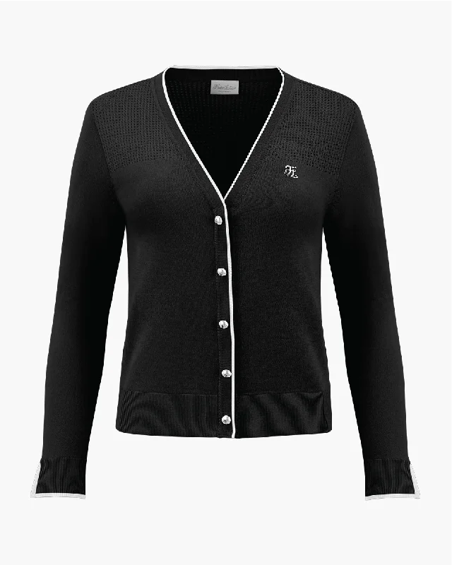 V -neck color scheme line cardigan - Black Terry Terry Cloth Terry Knit